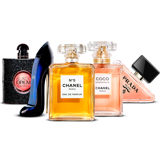 Set de 5 Perfumes – Black Opium, Good Girl, Chanel N°5, Coco Mademoiselle e Prada Paradoxe [100 ml cada uno]